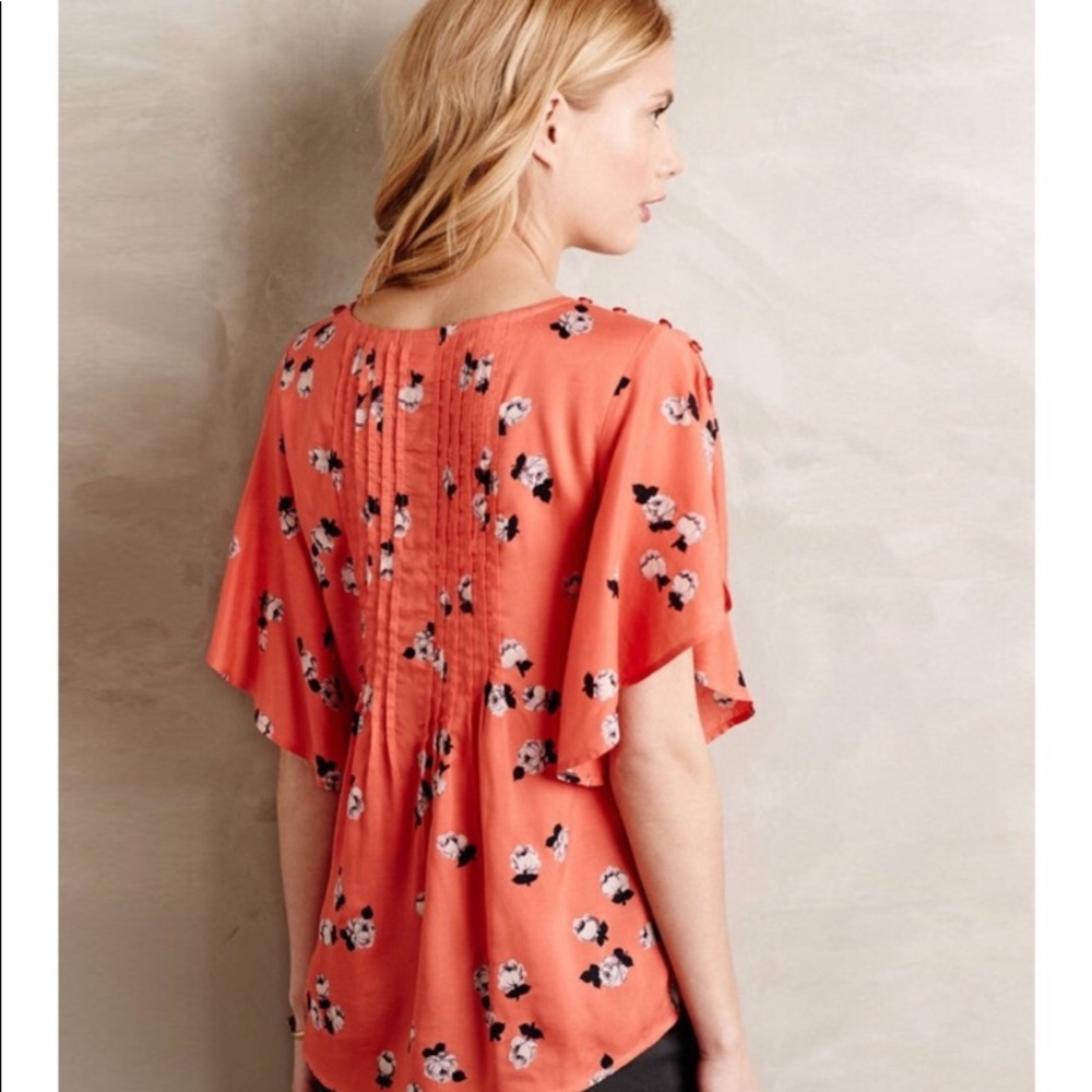 Anthro Maeve Coral Floral Flutter Pin-tuck Blouse Top - Picture 5 of 10
